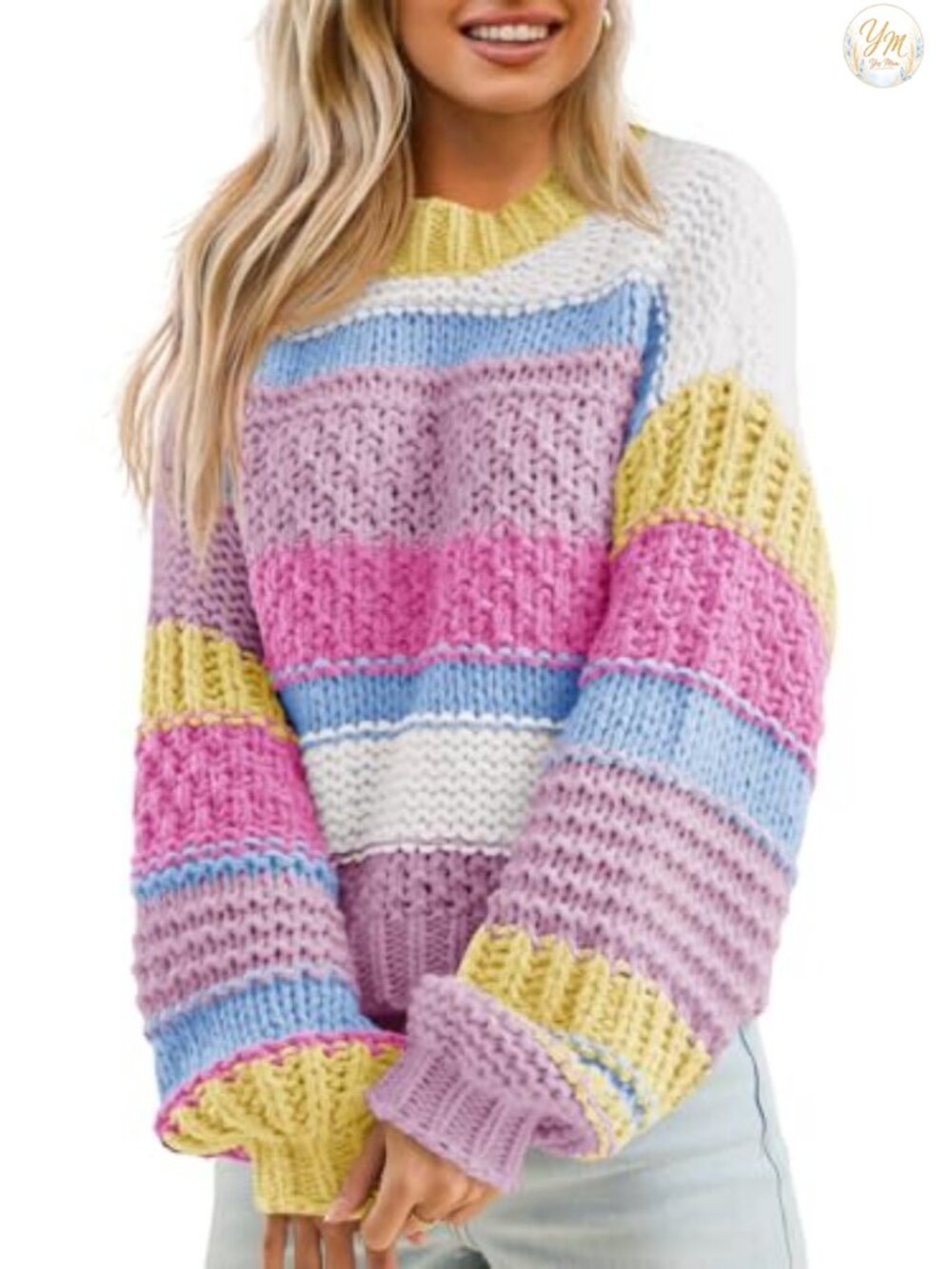 Chunky Knit Color Block Cropped Sweater Striped Long Sleeve Crew Neck Pullover